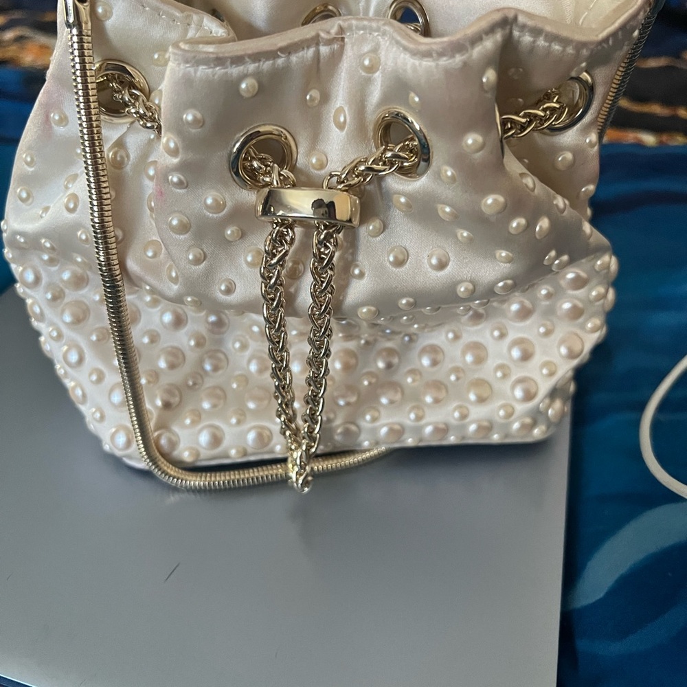 Aldo Pearl-Studded Cream Mini Bag with Gold Chain